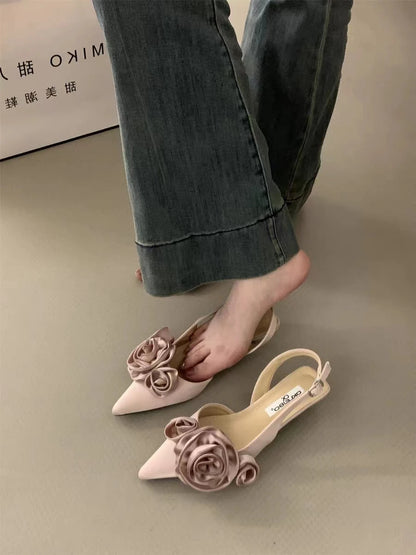 New Brand Women Sandal Fashion Flower Ladies Elegant Dress Slingback Shoes Thin Low Heel Dress Mules Pumps