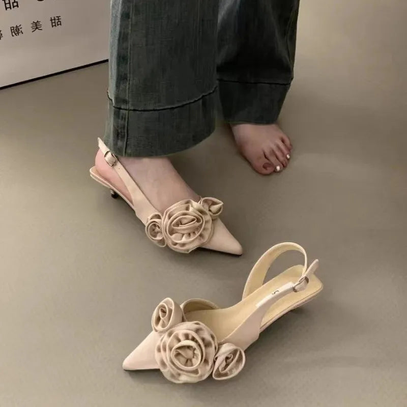 New Brand Women Sandal Fashion Flower Ladies Elegant Dress Slingback Shoes Thin Low Heel Dress Mules Pumps