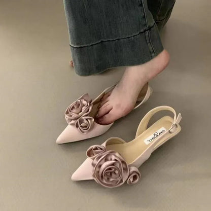 New Brand Women Sandal Fashion Flower Ladies Elegant Dress Slingback Shoes Thin Low Heel Dress Mules Pumps