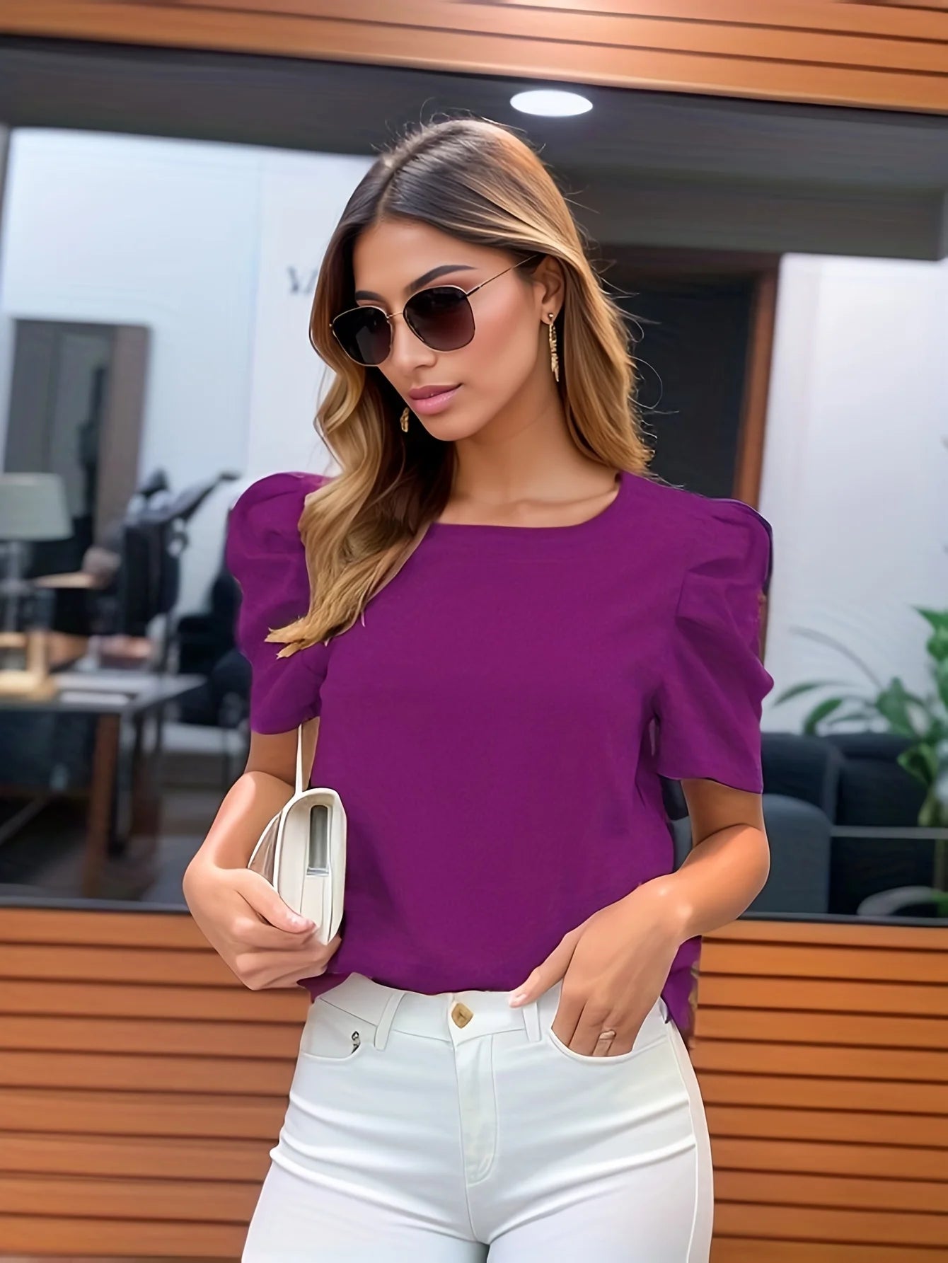 Casual Pullover Blouse Solid Crew Neck Blouse, Elegant Ruched Sleeve Blouse For Spring &amp; Summer, Women&