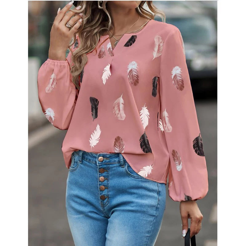 Fashion Woman Blouse Shirts For Women Stylish Top long Sleeve Feather Pattern Female Tops Elegant Chiffon Mujer Woman Clothes