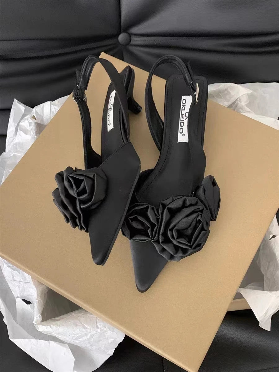 New Brand Women Sandal Fashion Flower Ladies Elegant Dress Slingback Shoes Thin Low Heel Dress Mules Pumps