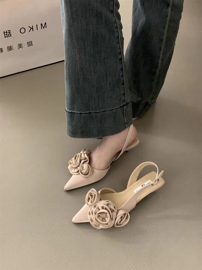 New Brand Women Sandal Fashion Flower Ladies Elegant Dress Slingback Shoes Thin Low Heel Dress Mules Pumps