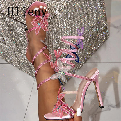 Hlieny Fashion Crystal Butterfly-knot Open Toe Ankle Strap Sandals Woman Sexy Stiletto High Heels Banquet Party Pumps Shoes